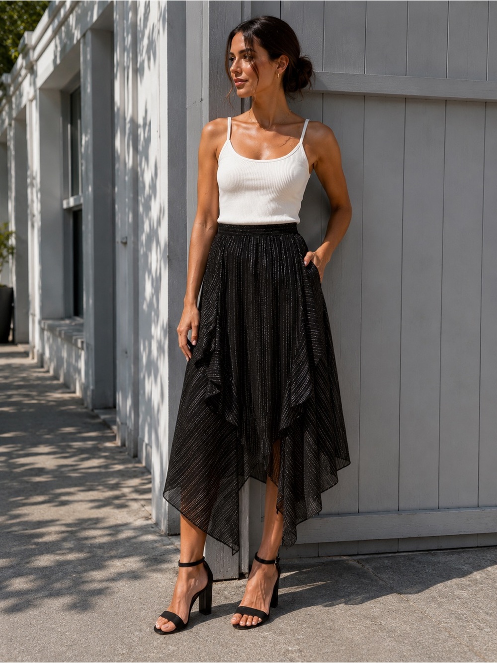 BCBGMaxAzria Black Asymmetric Pleated High-Low Skirt